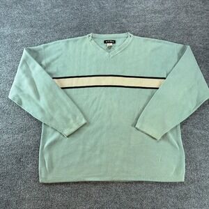 Vintage Y2K Pure Stuff XL Seafoam Green V-Neck Cotton Striped Sweater 90s Preppy